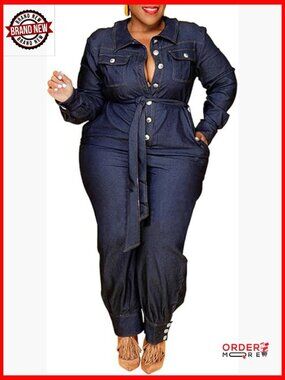 Plus Size Denim Jumpsuit Long Sleeve Button Down Overalls Casual Wear